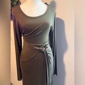 Olive Long Sleeve Dress with Knot Detail